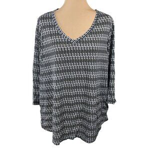 Nicole Miller Geo Print Tunic Top Size 1X Linen Knit V-Neck